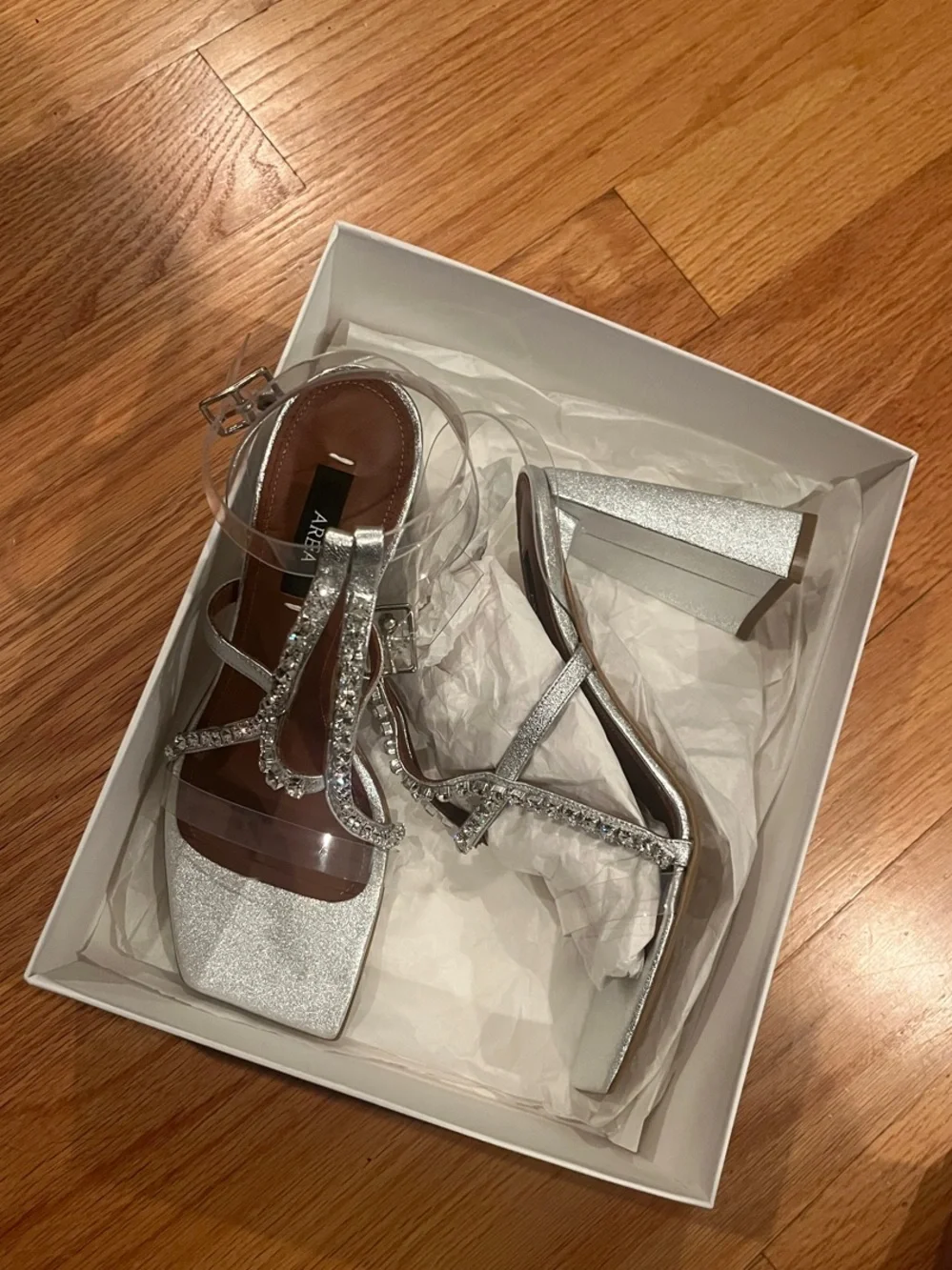 AREA Silver Rhinestone Block Heel Sandals with Clear Straps